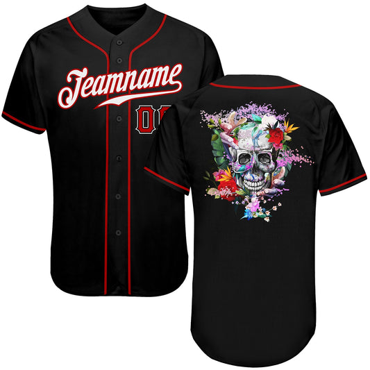 Custom Black White-Red Authentic Skull Fashion Baseball Jersey - Sky-Custom