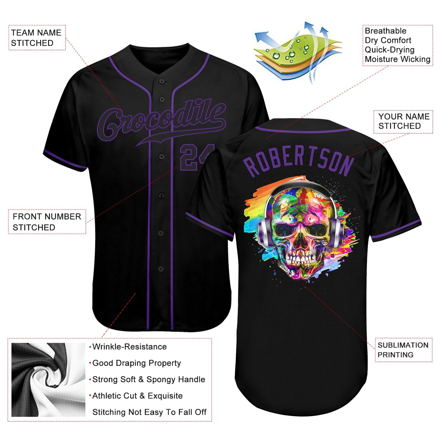 Custom Black Black-Purple Authentic Skull Fashion Baseball Jersey - Sky-Custom