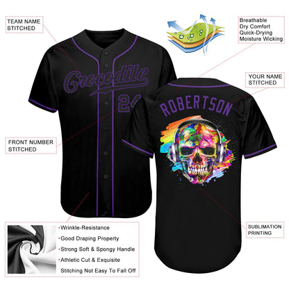 Custom Black Black-Purple Authentic Skull Fashion Baseball Jersey - Sky-Custom