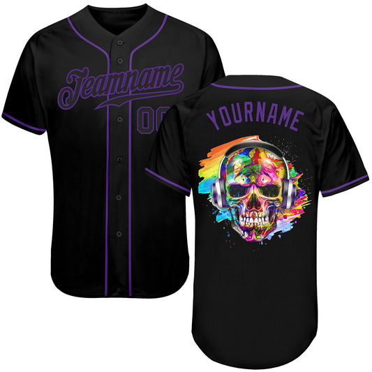 Custom Black Black-Purple Authentic Skull Fashion Baseball Jersey - Sky-Custom