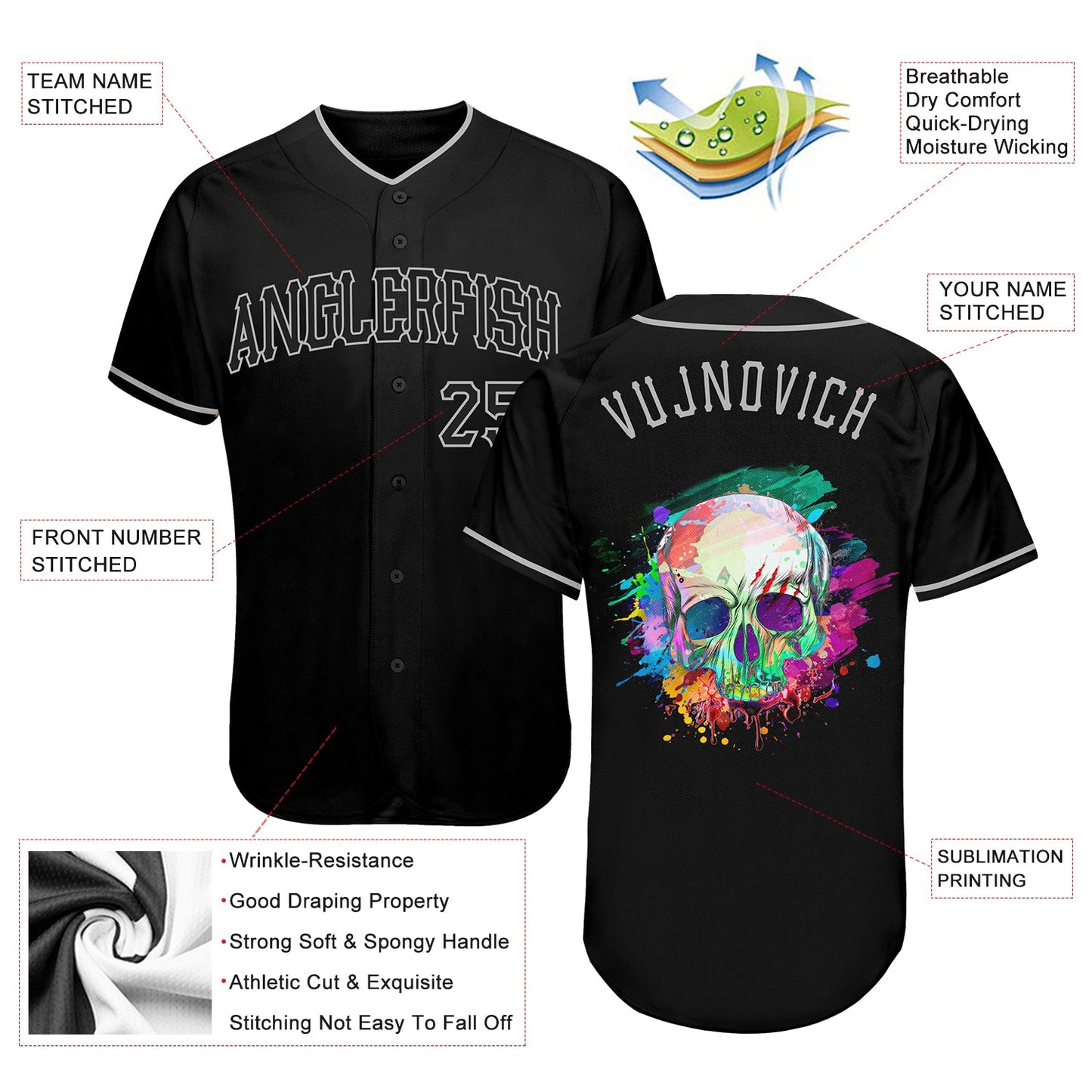 Custom Black Black-Gray Authentic Skull Fashion Baseball Jersey - Sky-Custom