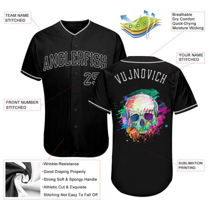 Custom Black Black-Gray Authentic Skull Fashion Baseball Jersey - Sky-Custom