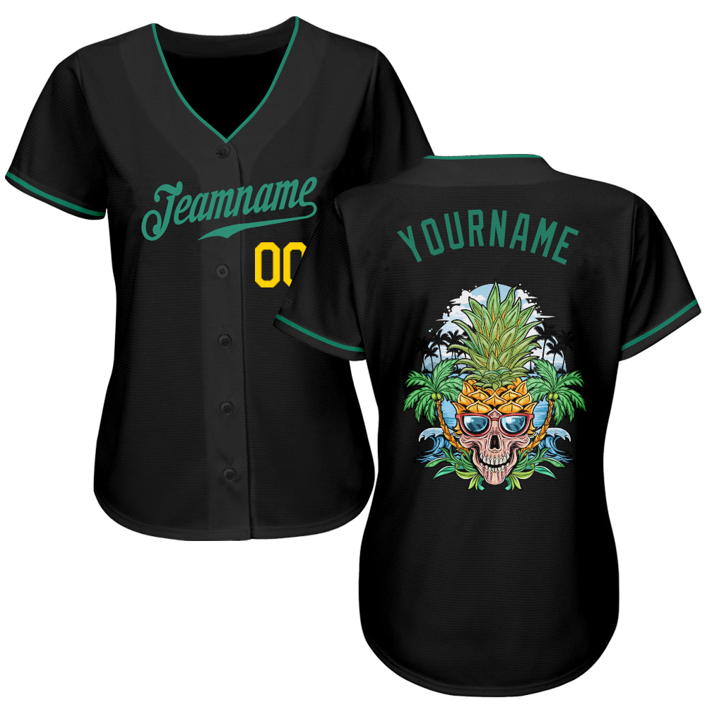 Custom Black Kelly Green-Gold Authentic Skull Pineapple Head Baseball Jersey - Sky-Custom