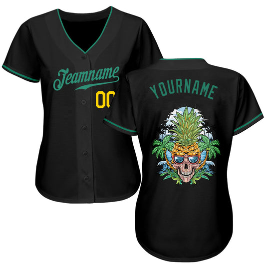Custom Black Kelly Green-Gold Authentic Skull Pineapple Head Baseball Jersey - Sky-Custom