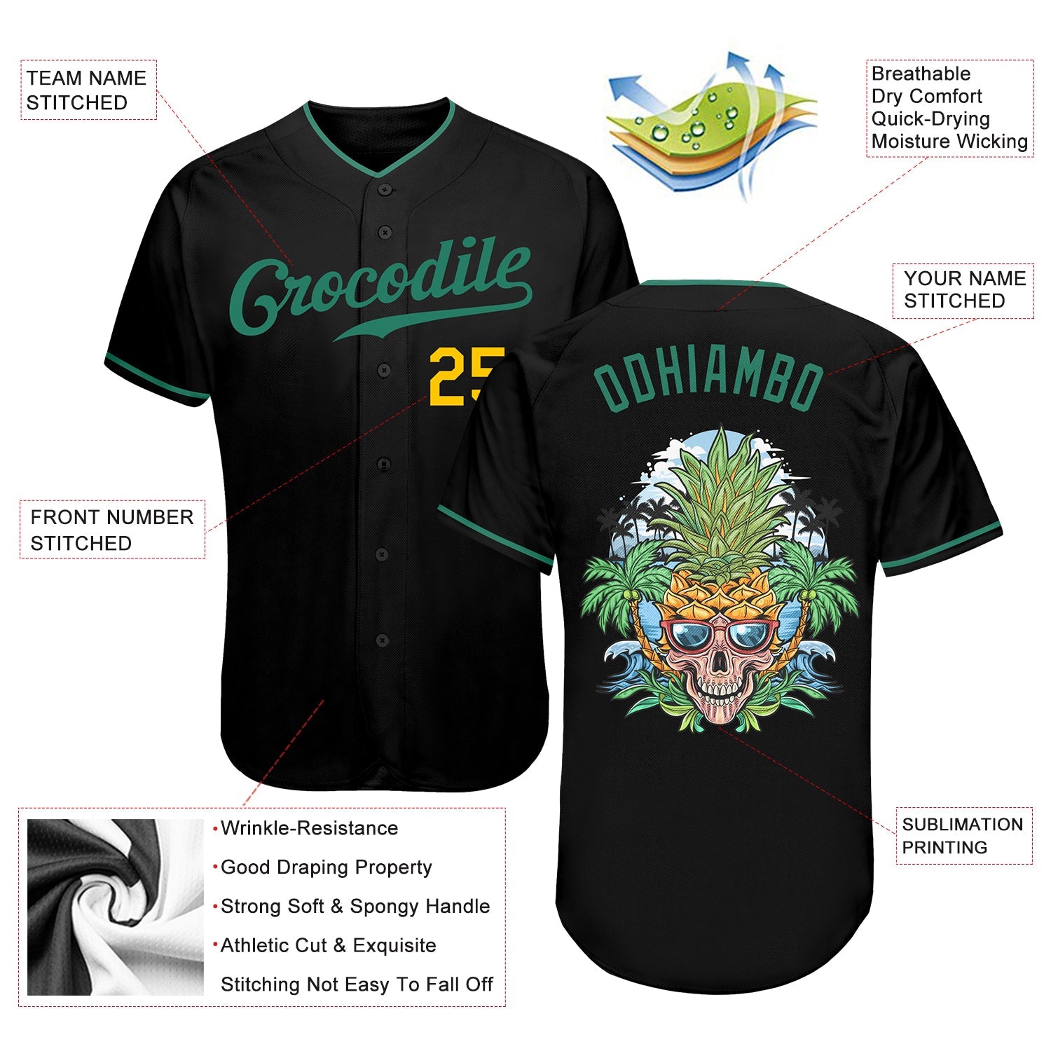Custom Black Kelly Green-Gold Authentic Skull Pineapple Head Baseball Jersey - Sky-Custom