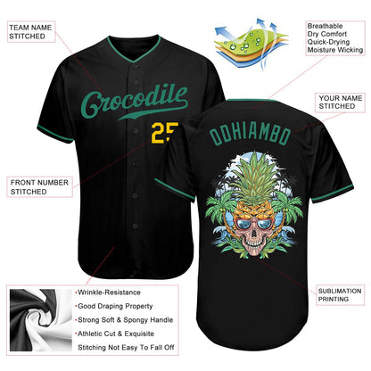 Custom Black Kelly Green-Gold Authentic Skull Pineapple Head Baseball Jersey - Sky-Custom