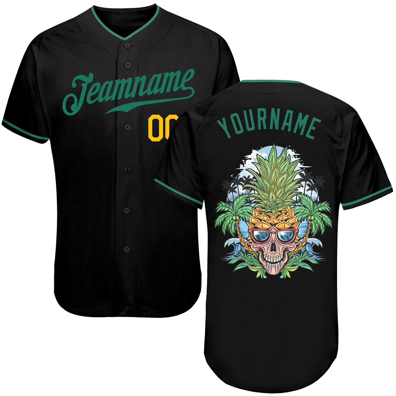 Custom Black Kelly Green-Gold Authentic Skull Pineapple Head Baseball Jersey - Sky-Custom