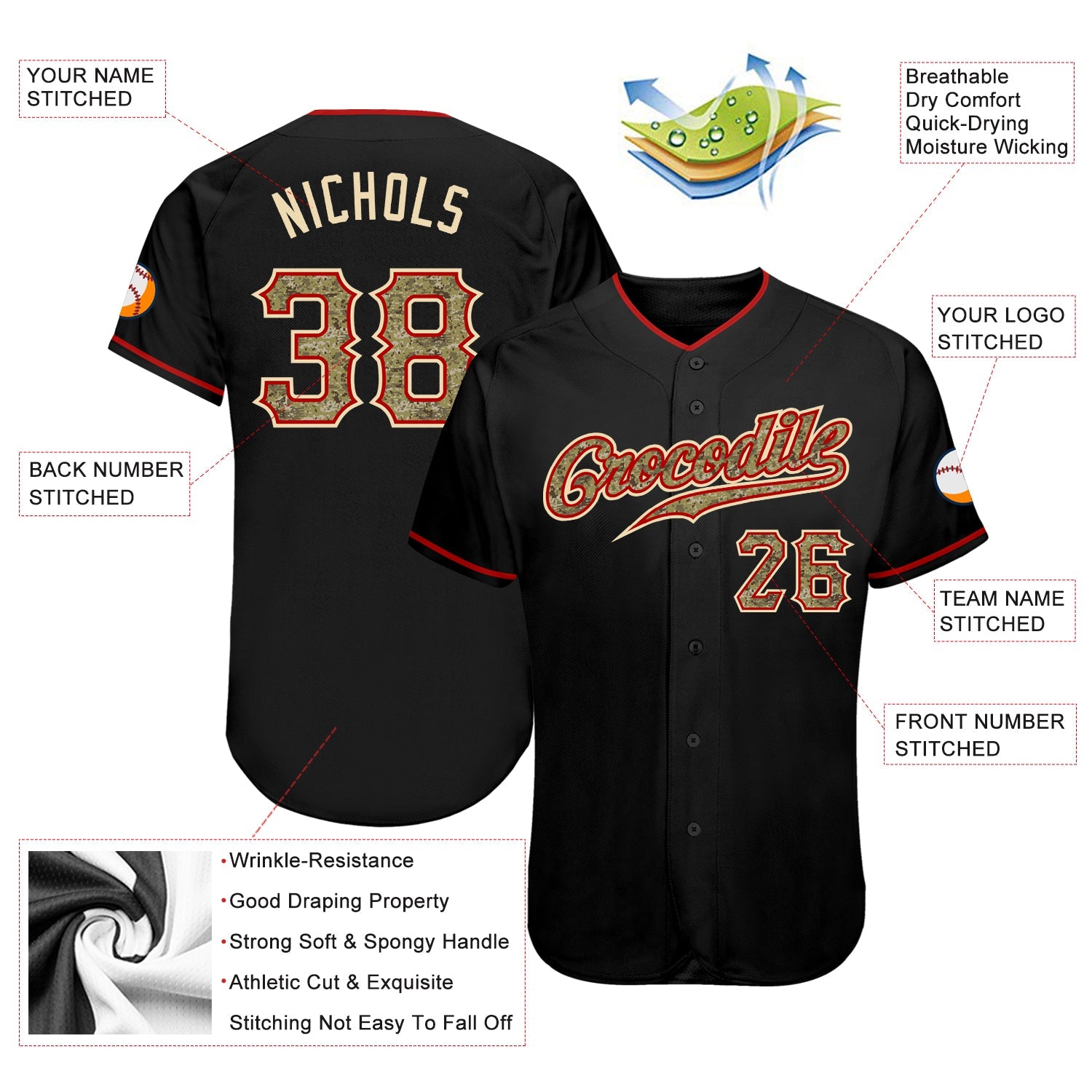 Custom Black Camo-Red Authentic Baseball Jersey - Sky-Custom