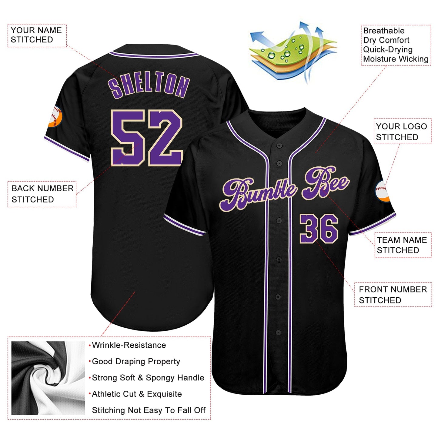Custom Black Purple-White Authentic Baseball Jersey - Sky-Custom