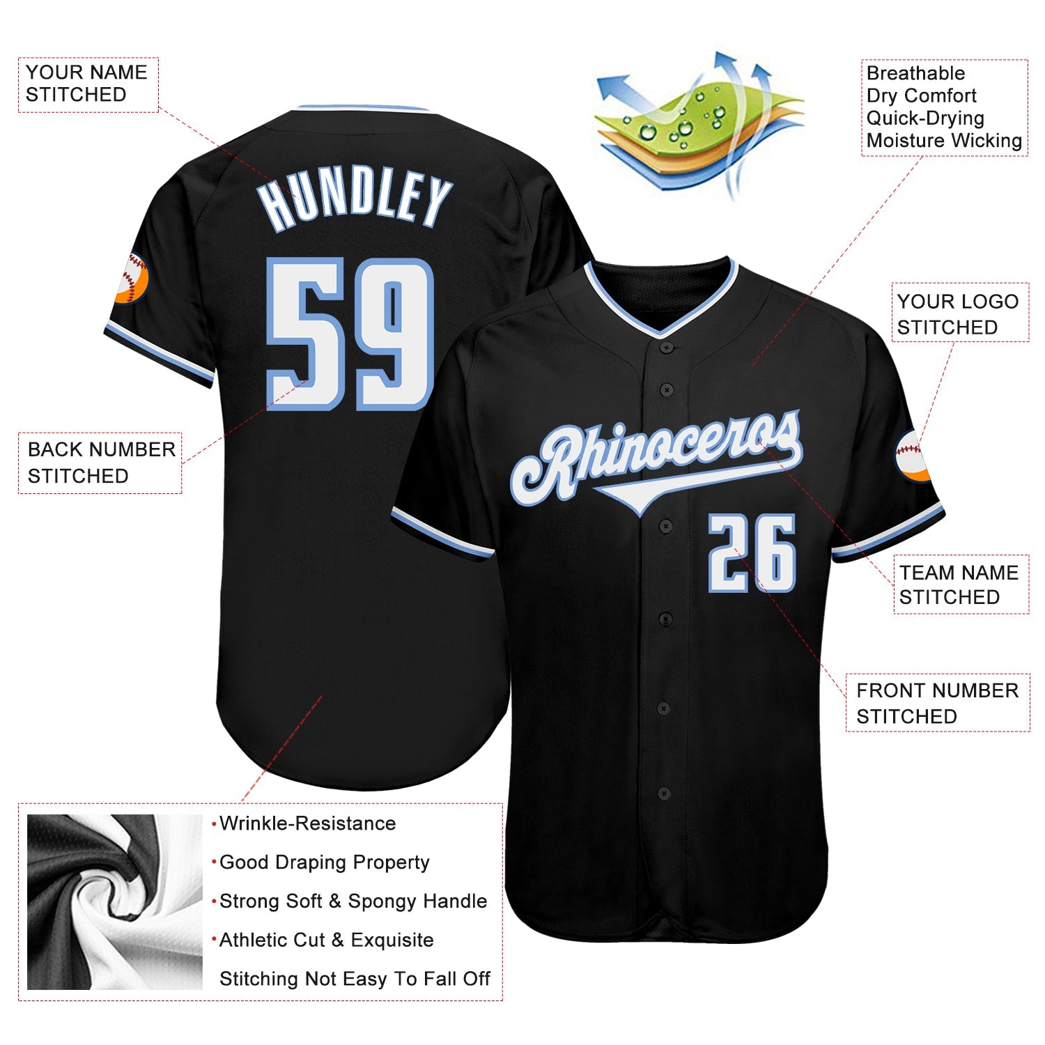 Custom Black White-Light Blue Authentic Baseball Jersey - Sky-Custom