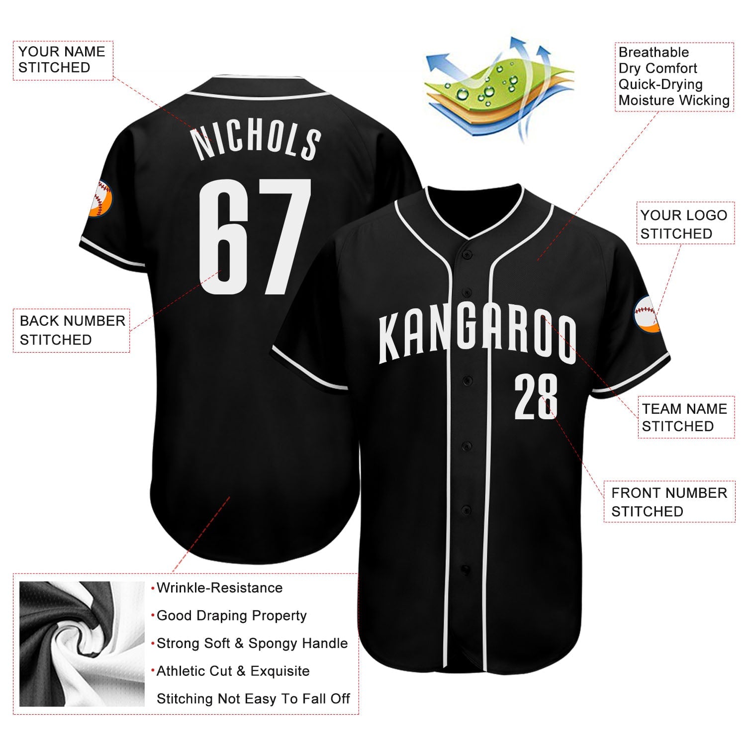 Custom Black White Authentic Baseball Jersey - Sky-Custom