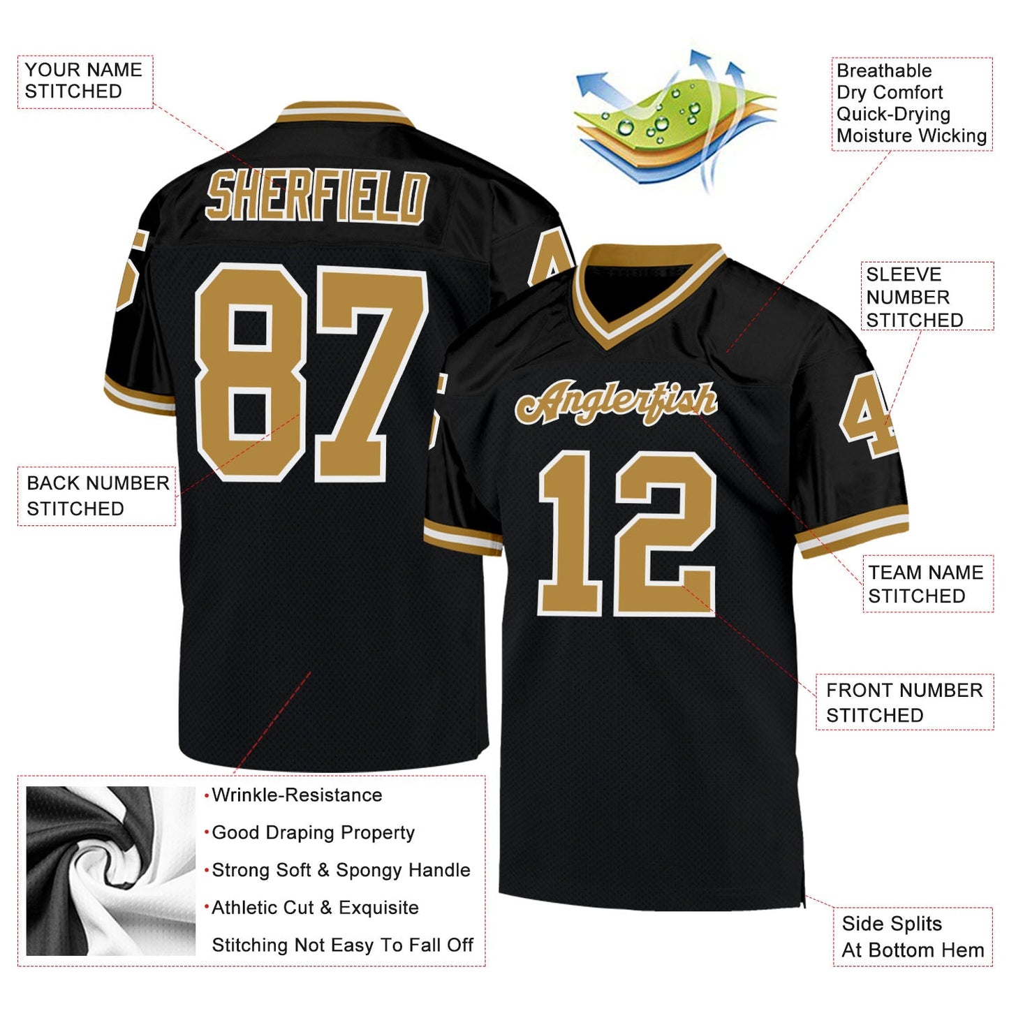 Custom Black Old Gold-White Mesh Authentic Throwback Football Jersey - Sky-Custom