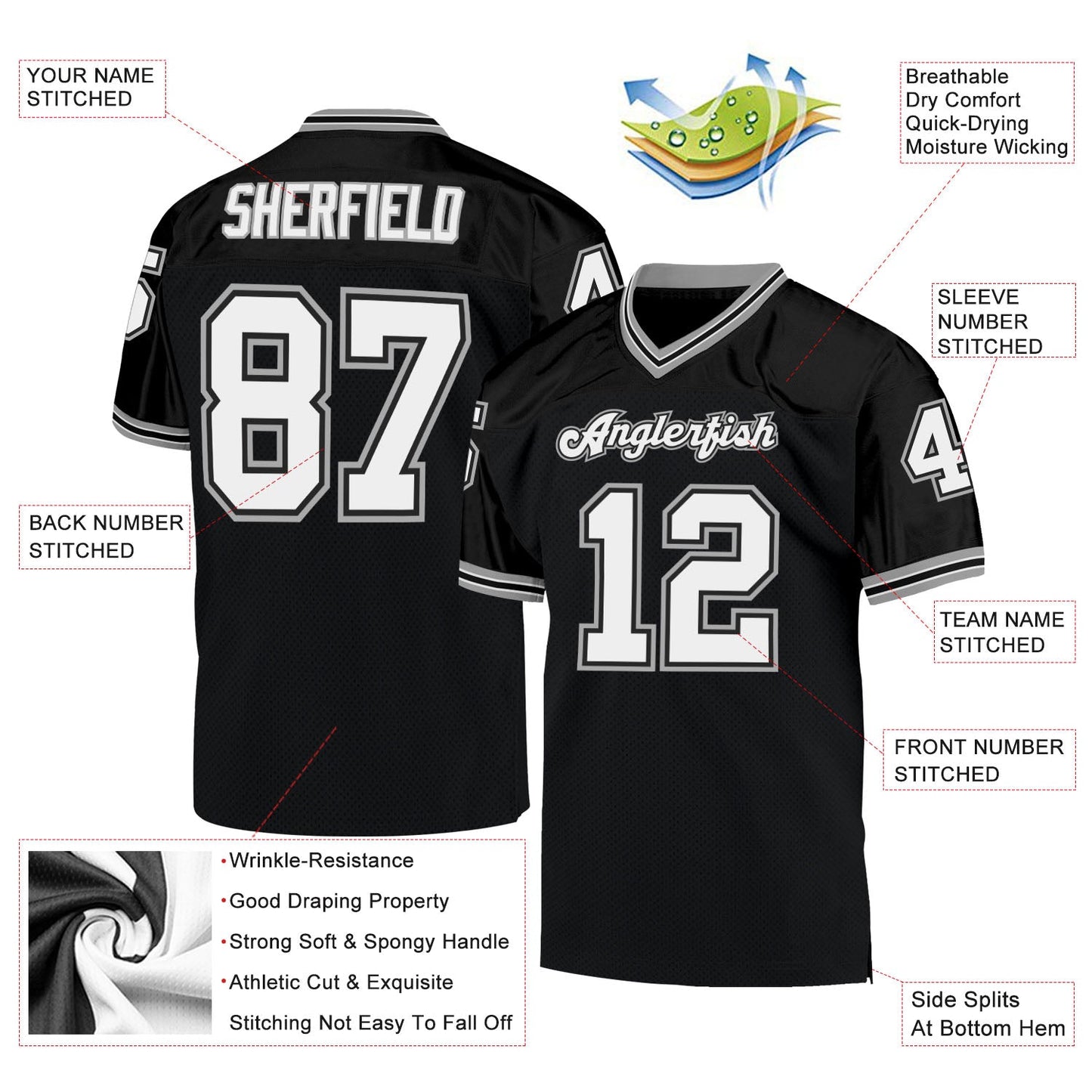 Custom Black White-Gray Mesh Authentic Throwback Football Jersey - Sky-Custom