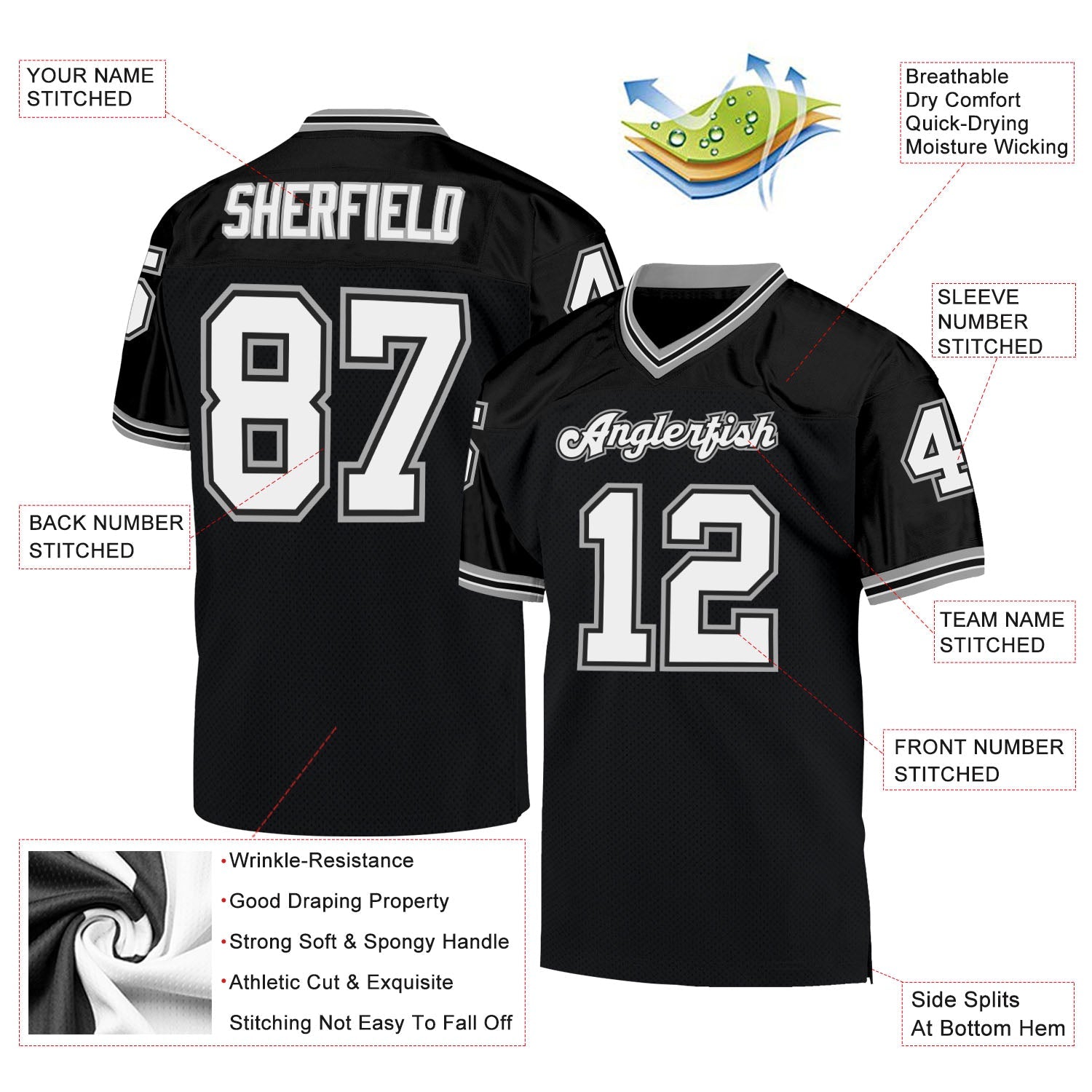 Custom Black White-Gray Mesh Authentic Throwback Football Jersey - Sky-Custom