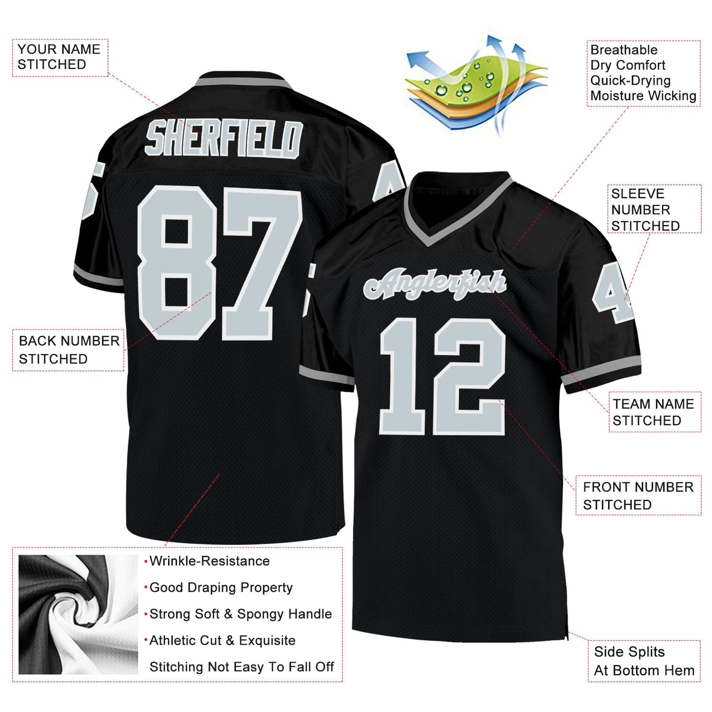 Custom Black Silver-White Mesh Authentic Throwback Football Jersey - Sky-Custom