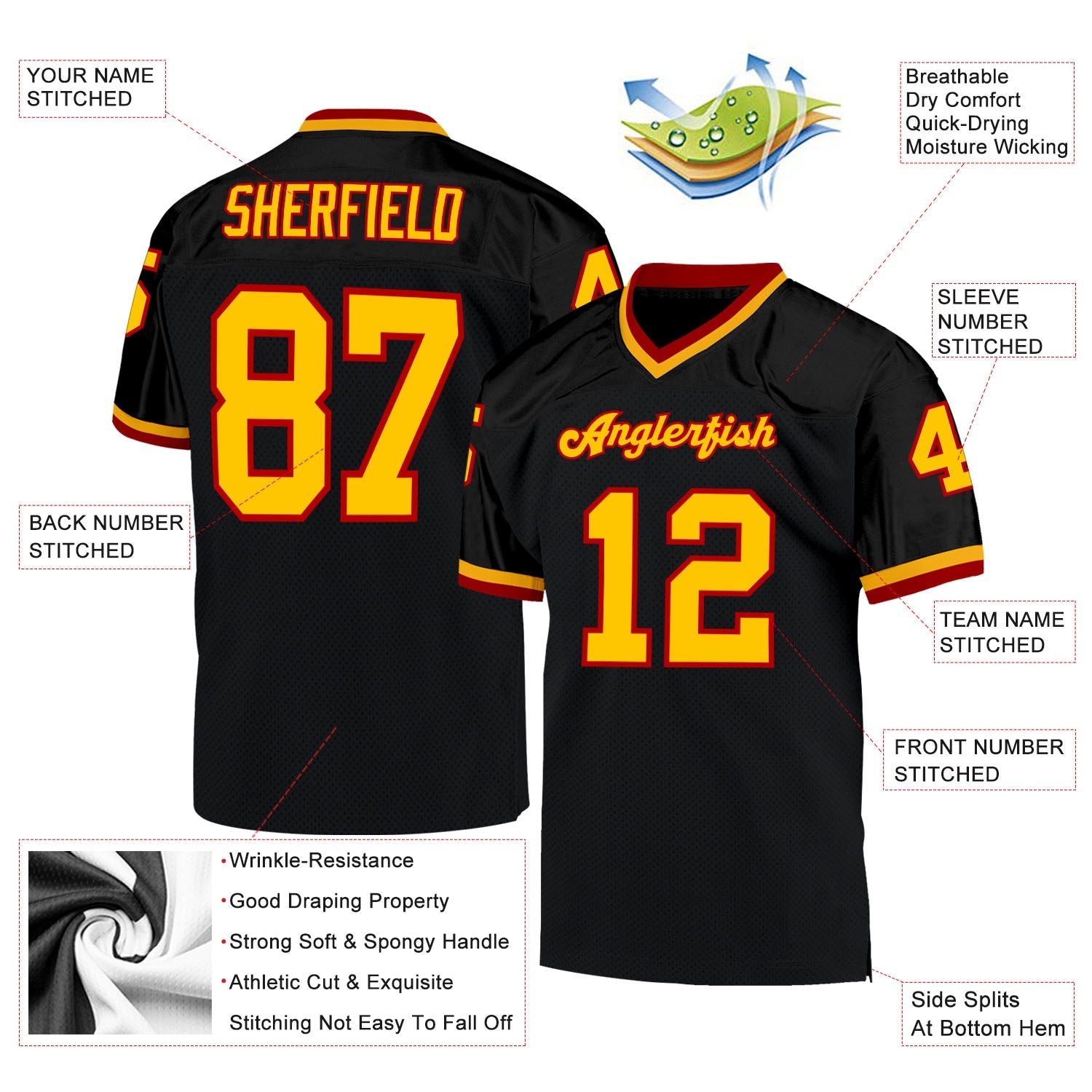 Custom Black Gold-Red Mesh Authentic Throwback Football Jersey - Sky-Custom