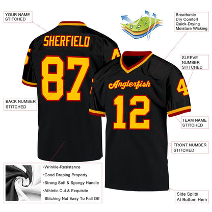Custom Black Gold-Red Mesh Authentic Throwback Football Jersey - Sky-Custom