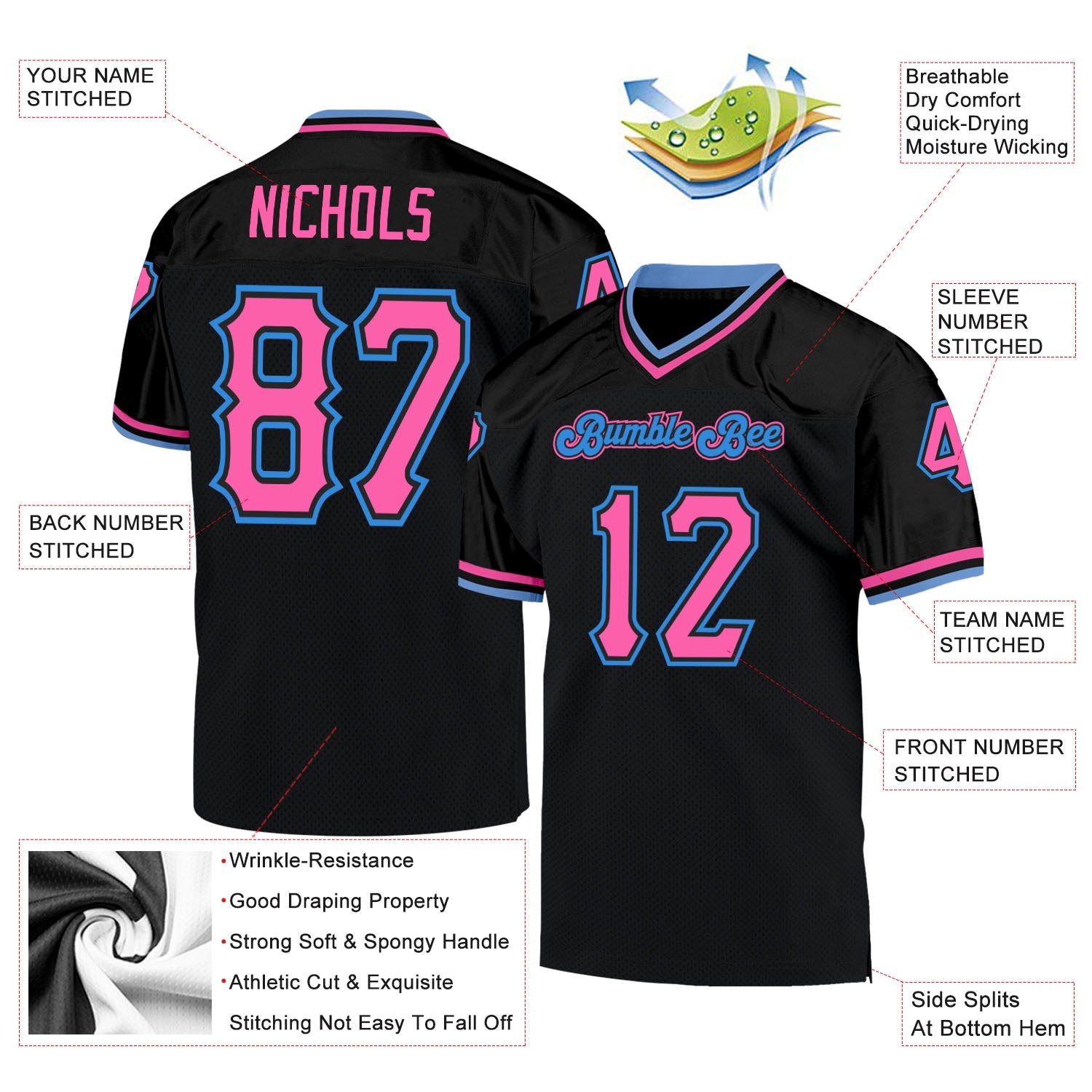 Custom Black Pink-Powder Blue Mesh Authentic Throwback Football Jersey - Sky-Custom
