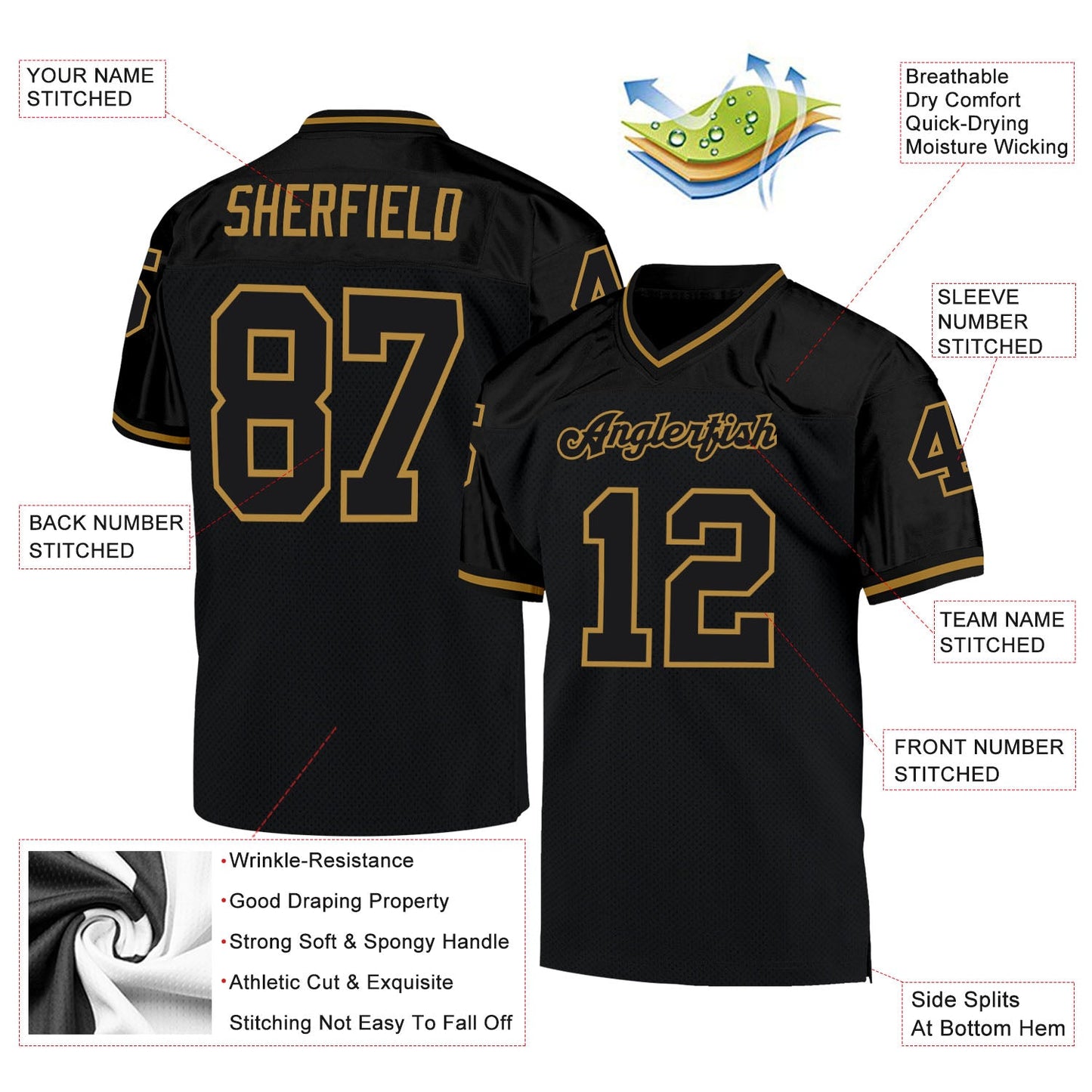 Custom Black Black-Old Gold Mesh Authentic Throwback Football Jersey - Sky-Custom