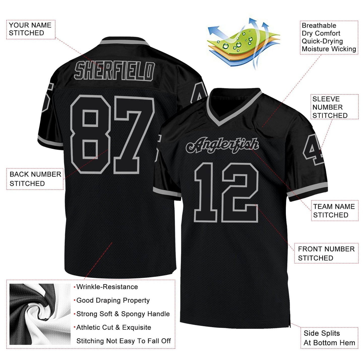 Custom Black Black-Gray Mesh Authentic Throwback Football Jersey - Sky-Custom