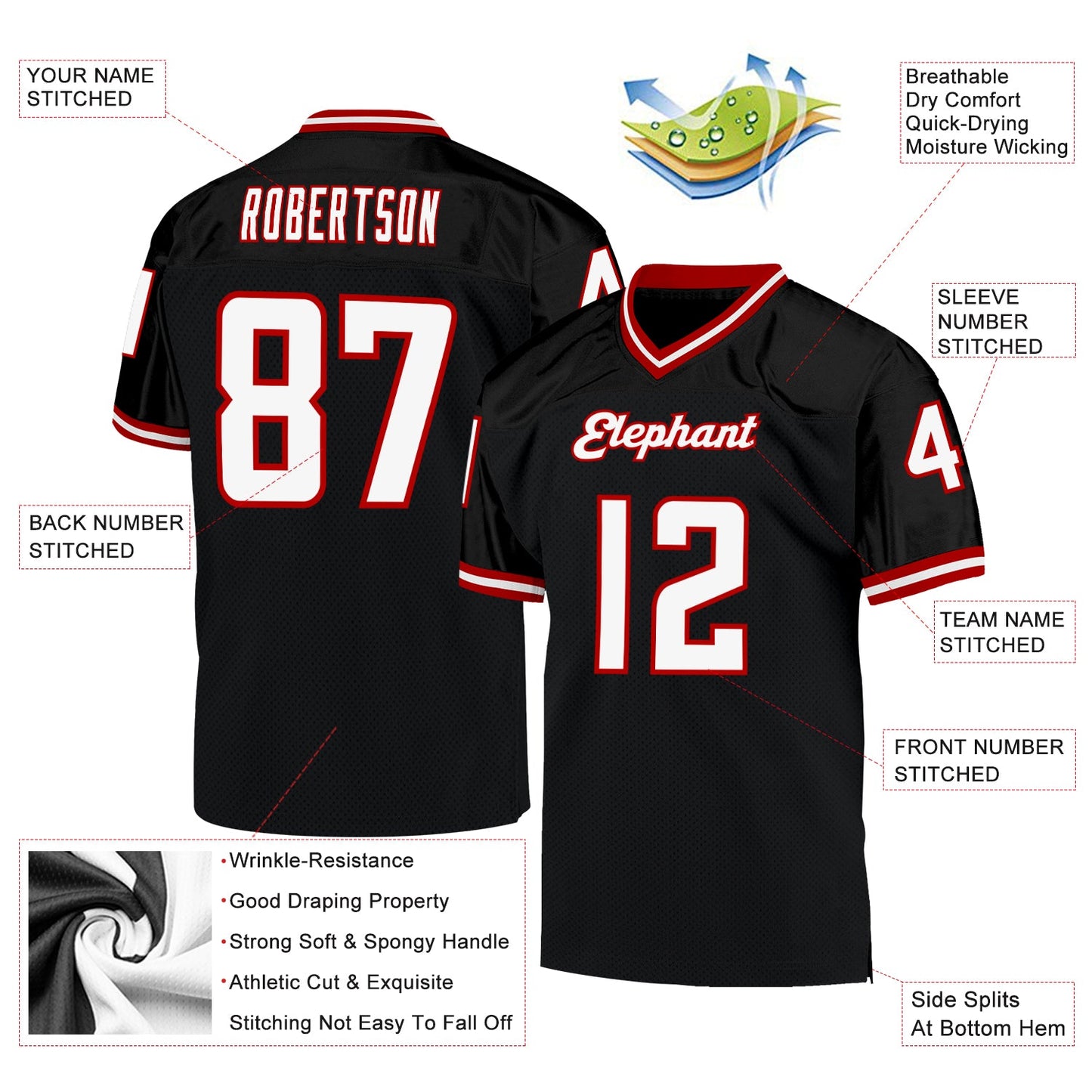 Custom Black White-Red Mesh Authentic Throwback Football Jersey - Sky-Custom