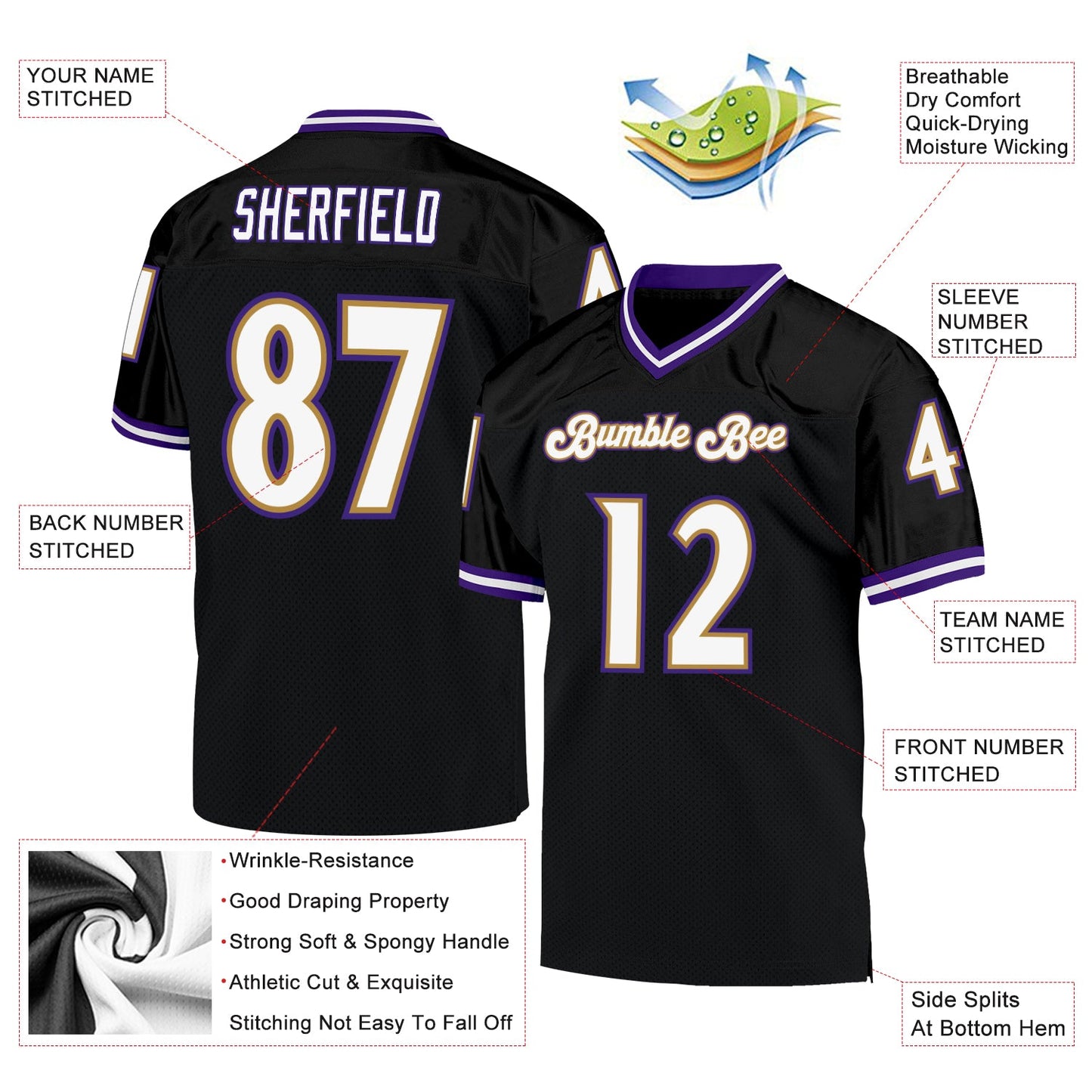 Custom Black White-Purple Mesh Authentic Throwback Football Jersey - Sky-Custom
