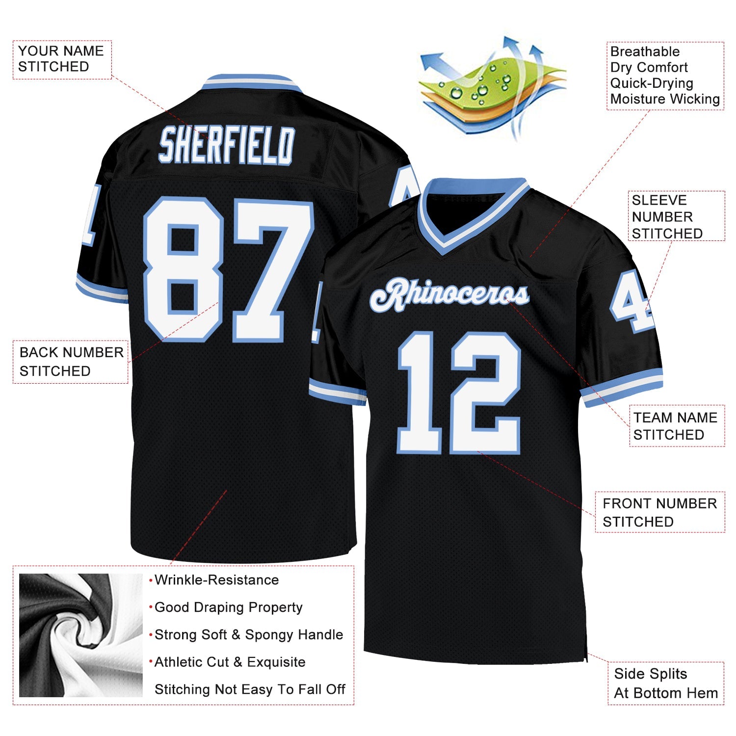 Custom Black White-Light Blue Mesh Authentic Throwback Football Jersey - Sky-Custom