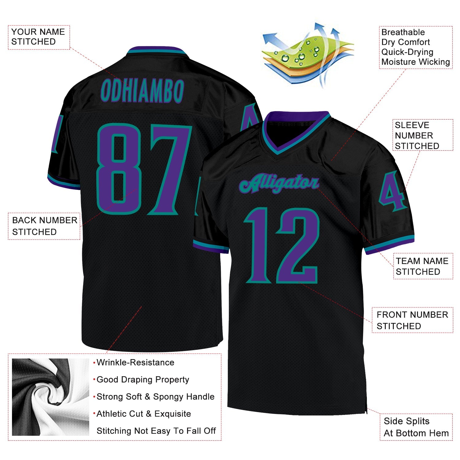 Custom Black Purple-Aqua Mesh Authentic Throwback Football Jersey - Sky-Custom