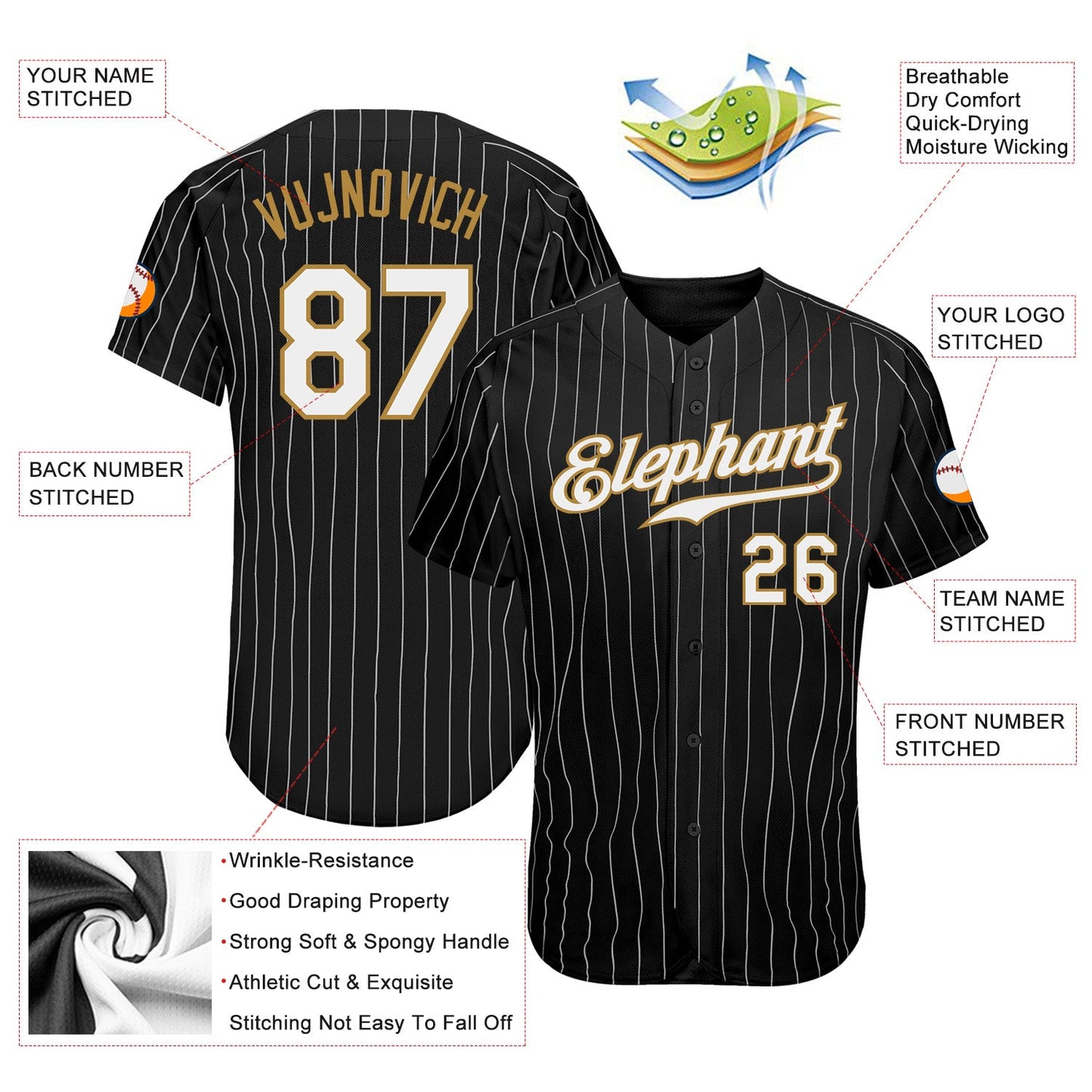 Custom Black White Pinstripe White-Old Gold Authentic Baseball Jersey - Sky-Custom