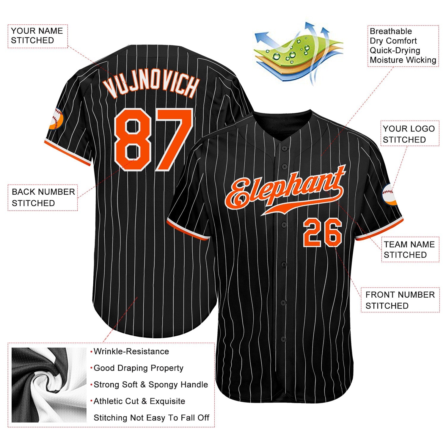 Custom Black White Pinstripe Orange-White Authentic Baseball Jersey - Sky-Custom