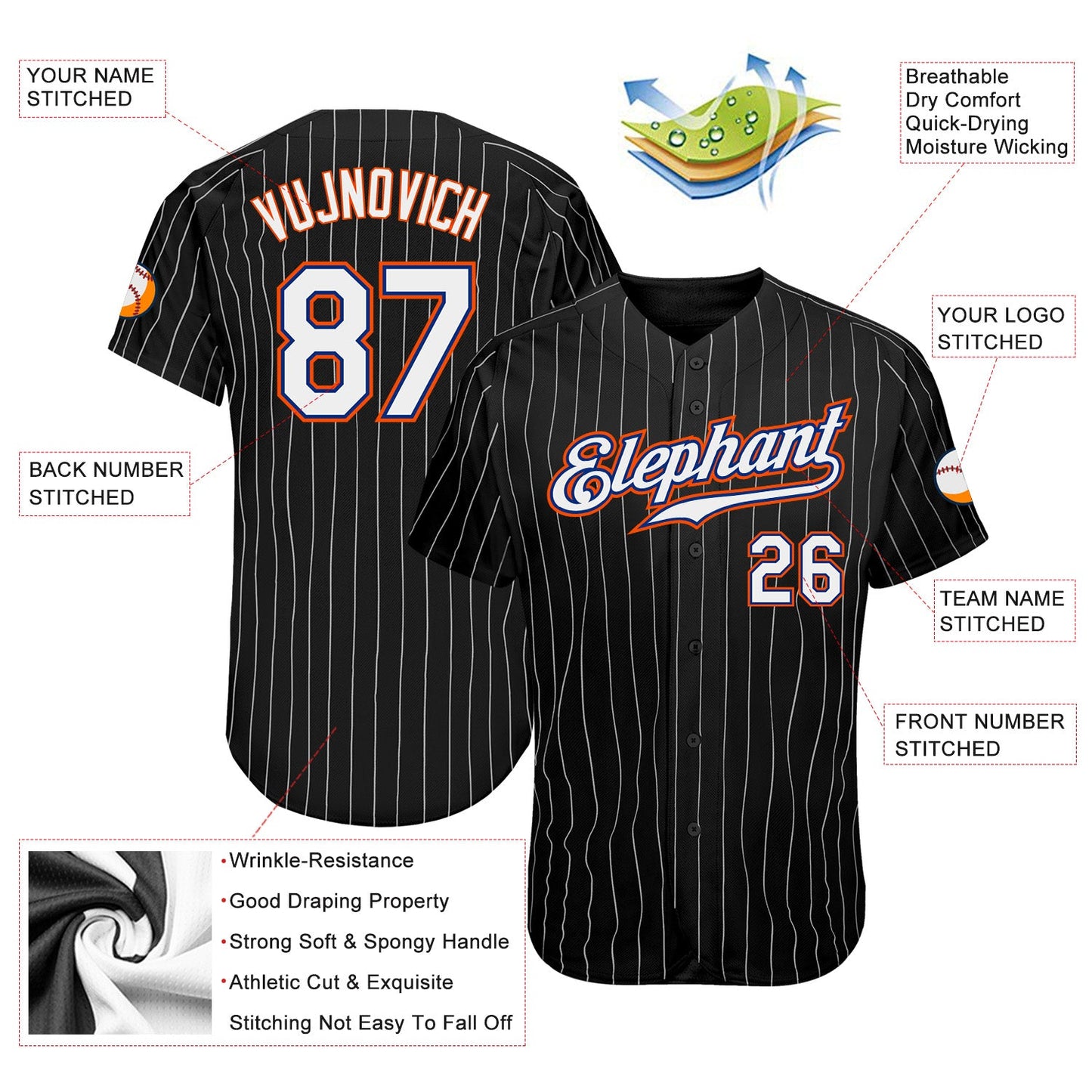 Custom Black White Pinstripe White-Orange Authentic Baseball Jersey - Sky-Custom