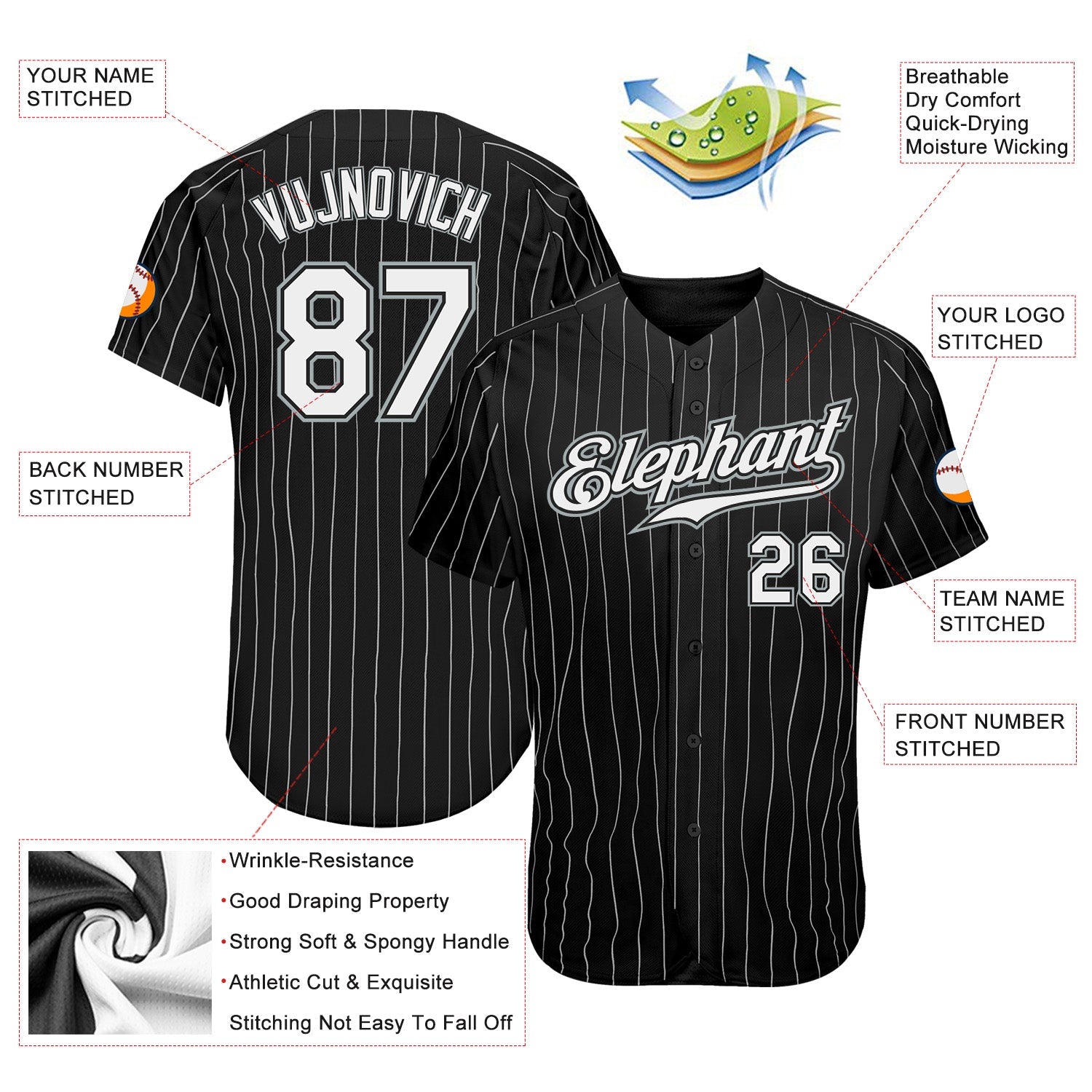Custom Black White Pinstripe White-Gray Authentic Baseball Jersey - Sky-Custom