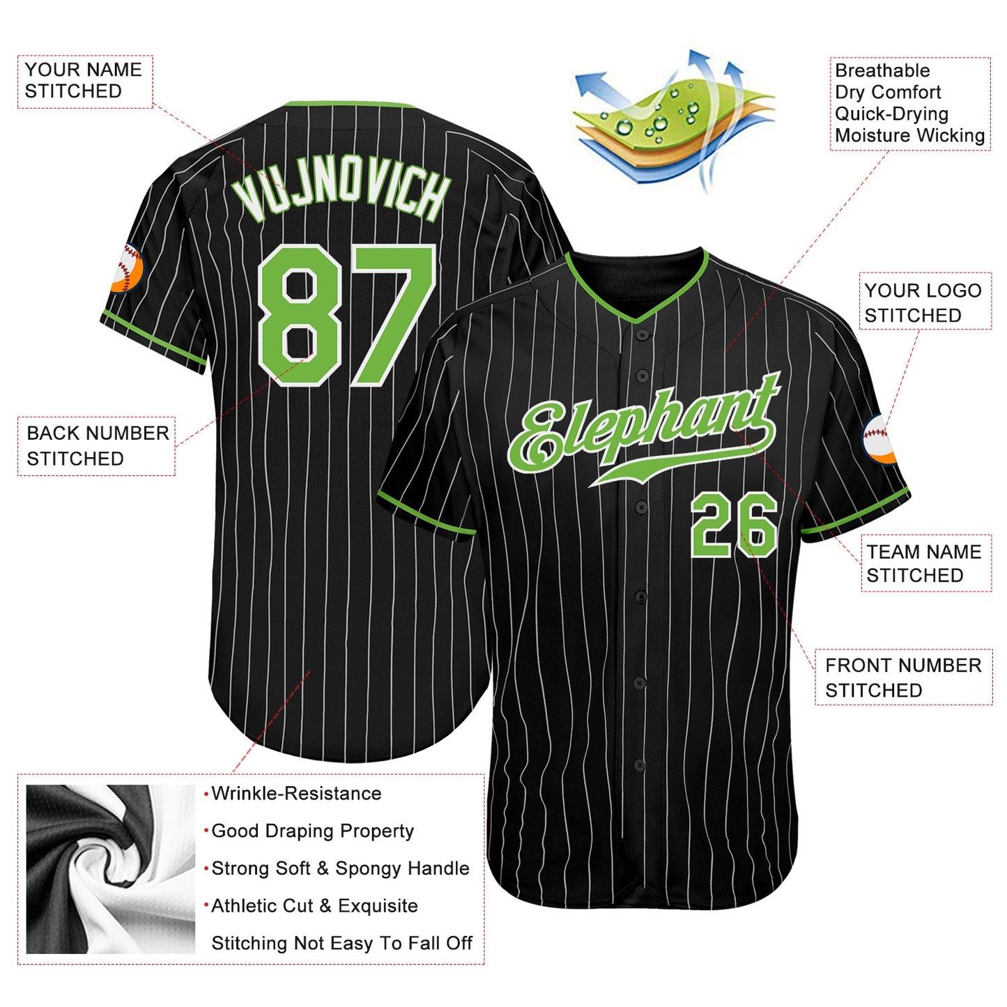 Custom Black White Pinstripe Neon Green-White Authentic Baseball Jersey - Sky-Custom