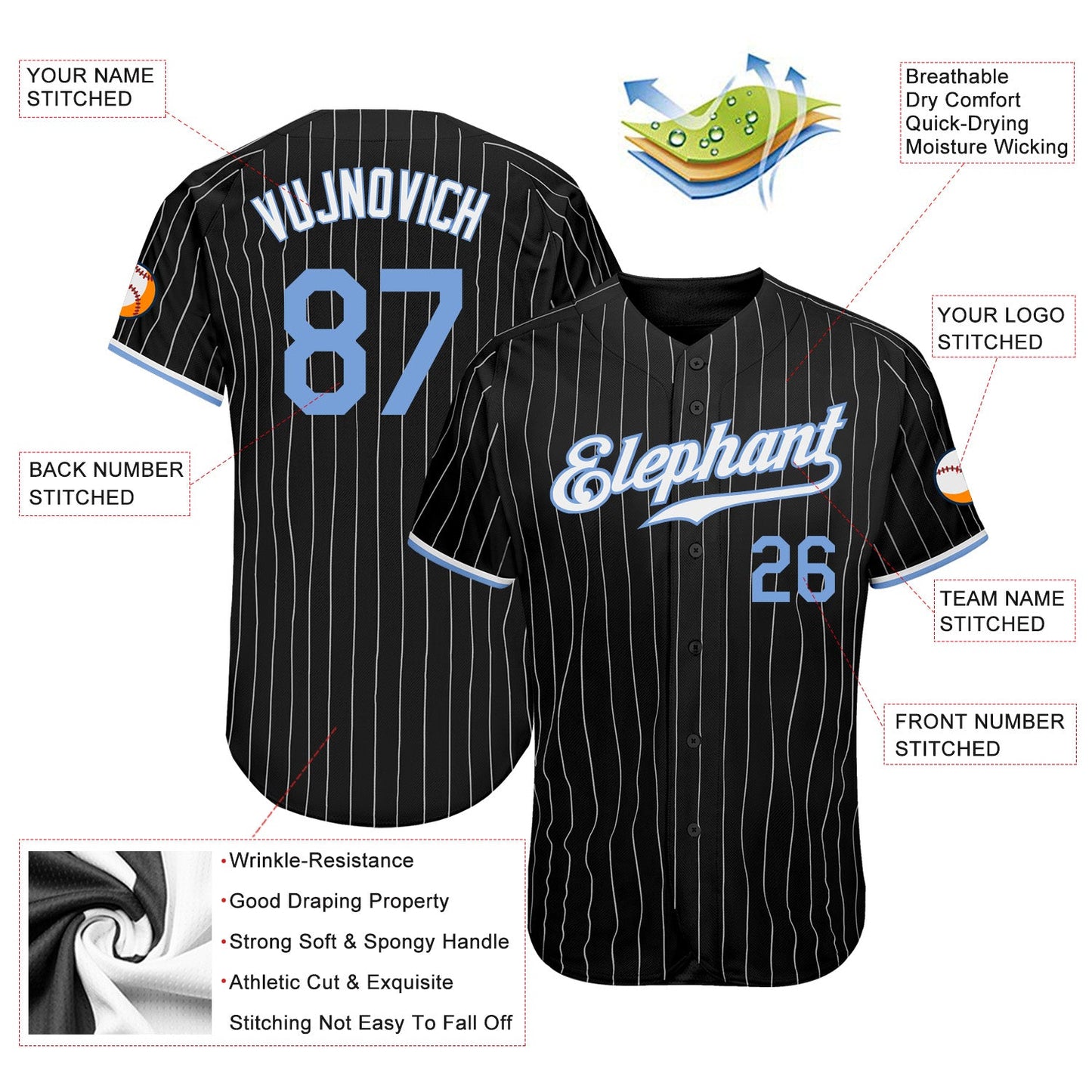 Custom Black White Pinstripe Light Blue-White Authentic Baseball Jersey - Sky-Custom