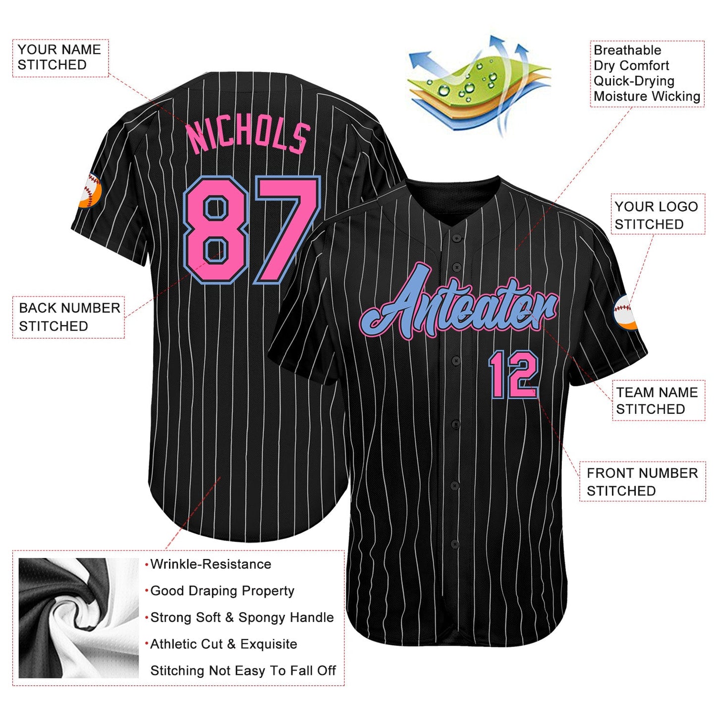 Custom Black White Pinstripe Pink-Light Blue Authentic Baseball Jersey - Sky-Custom