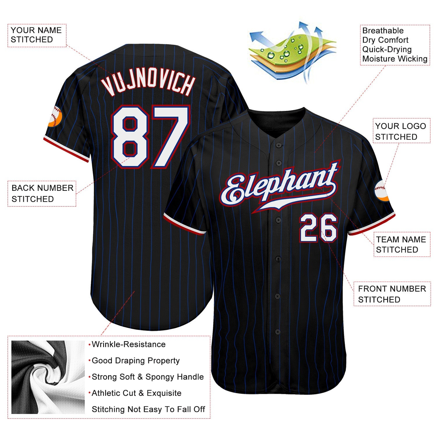 Custom Black Royal Pinstripe White-Red Authentic Baseball Jersey - Sky-Custom