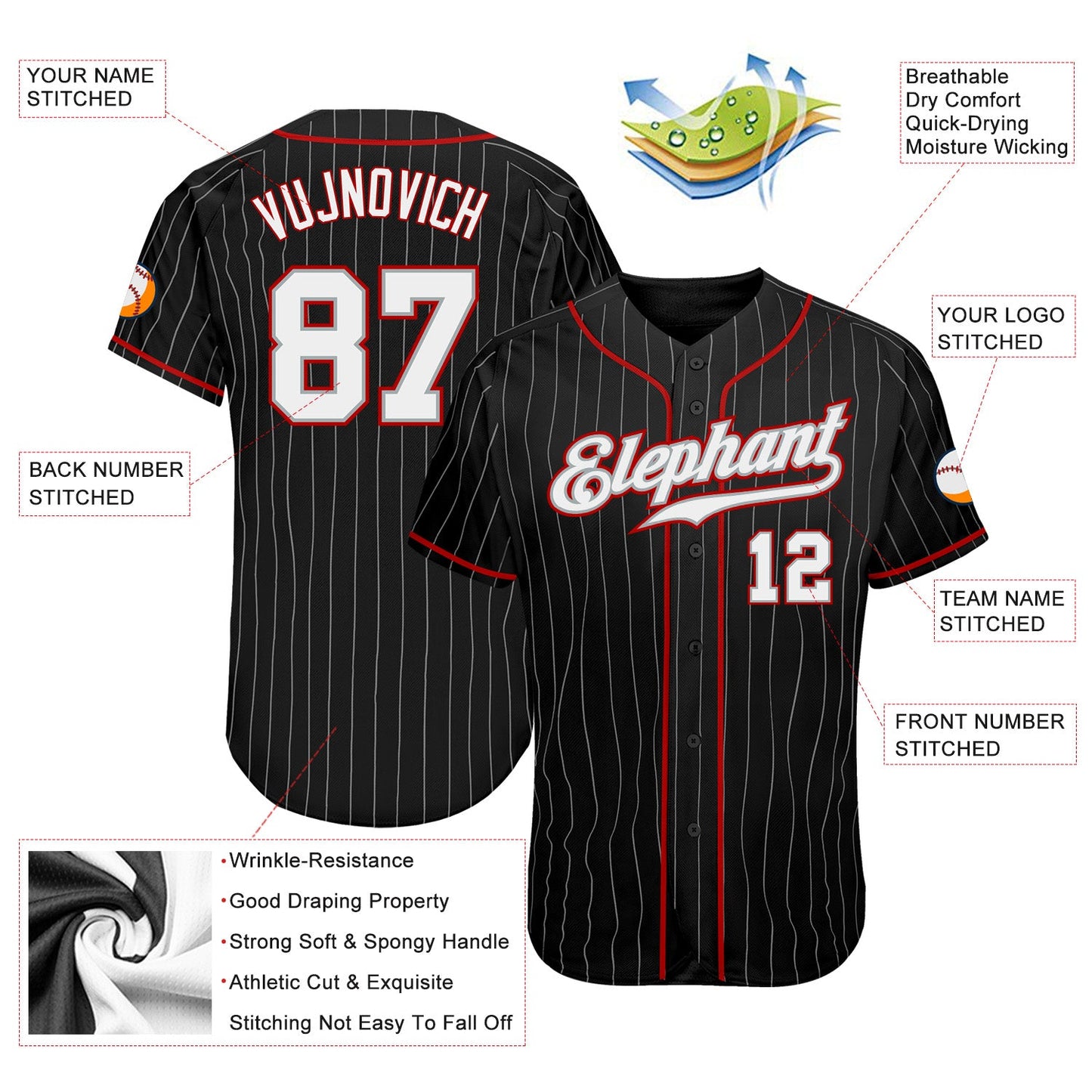 Custom Black Gray Pinstripe White-Red Authentic Baseball Jersey - Sky-Custom
