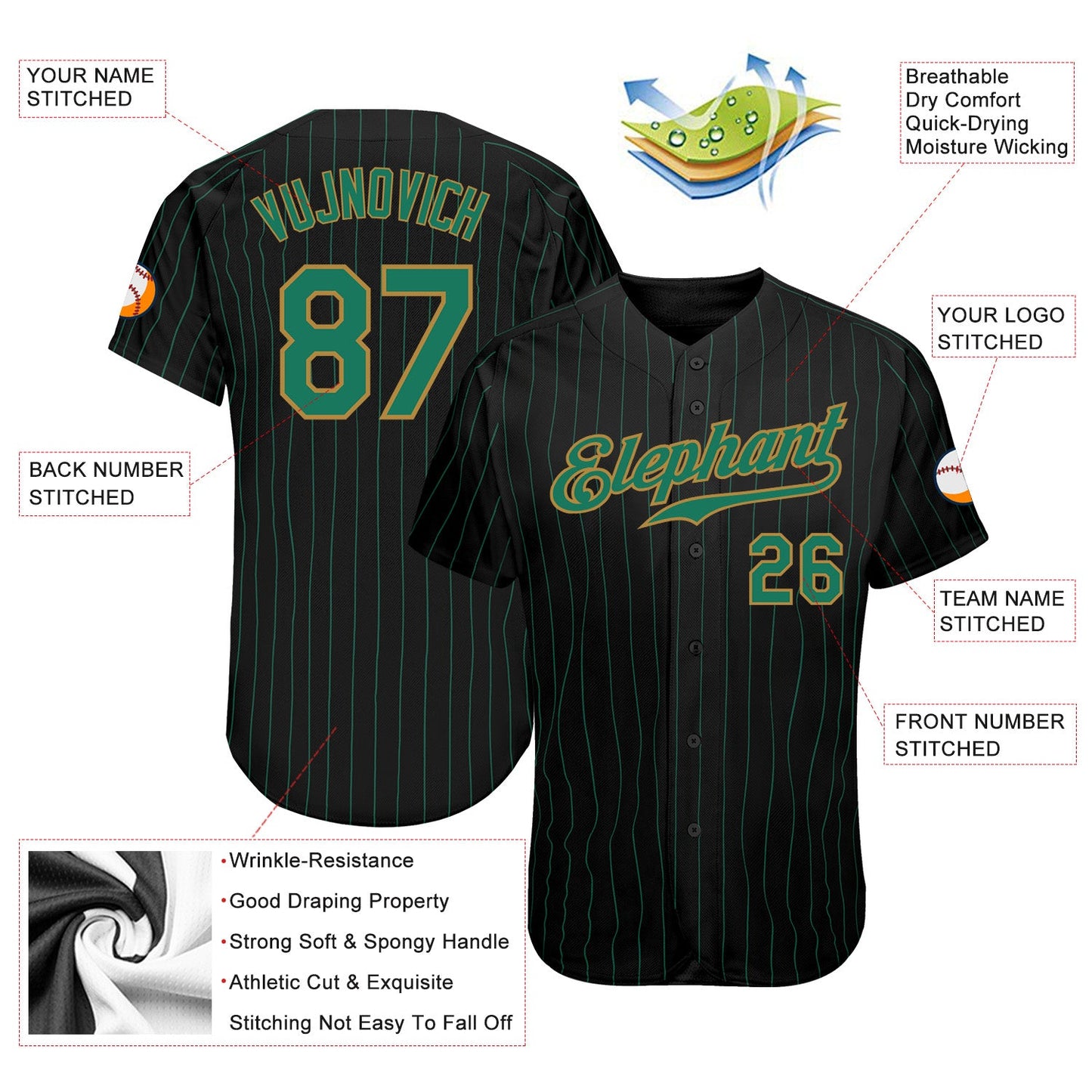Custom Black Kelly Green Pinstripe Kelly Green-Old Gold Authentic Baseball Jersey - Sky-Custom