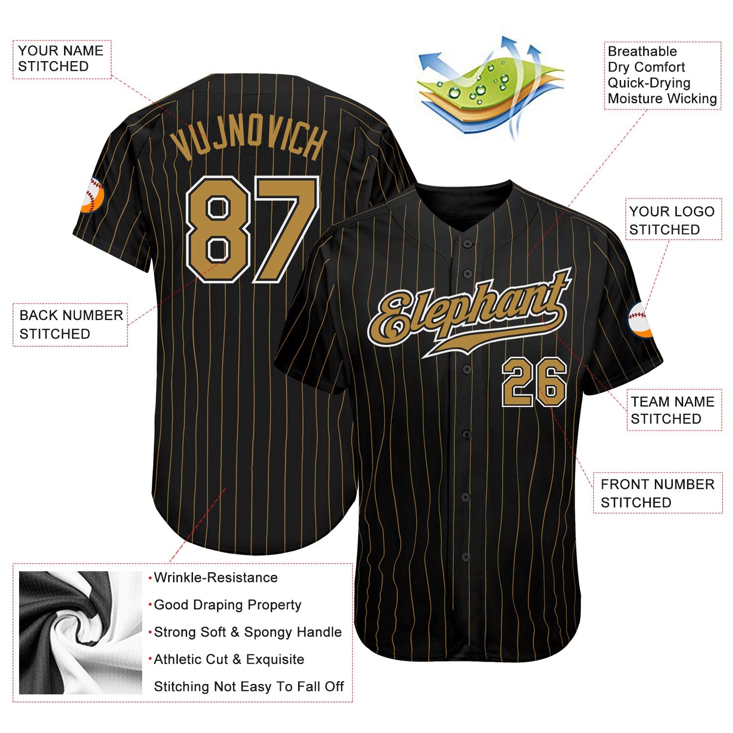 Custom Black Old Gold Pinstripe Old Gold-White Authentic Baseball Jersey - Sky-Custom