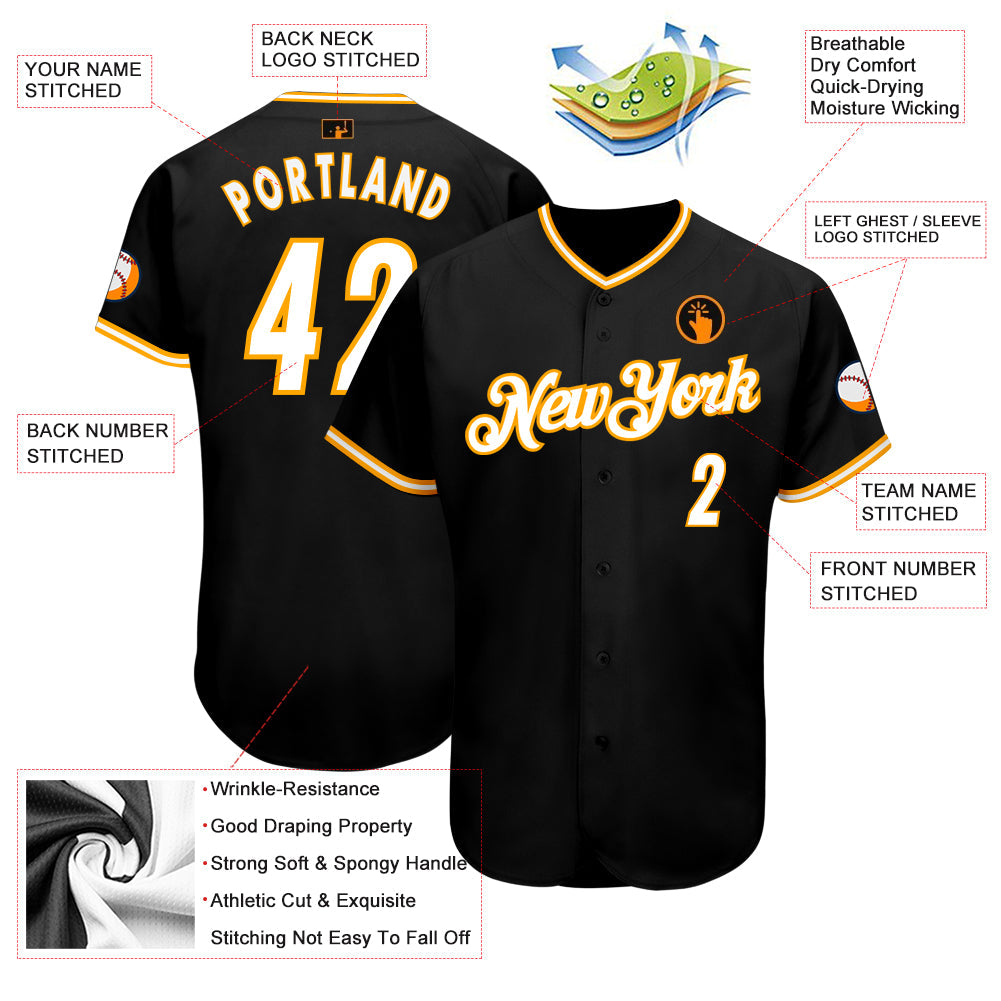 Custom Black White-Gold Authentic Baseball Jersey - Sky-Custom