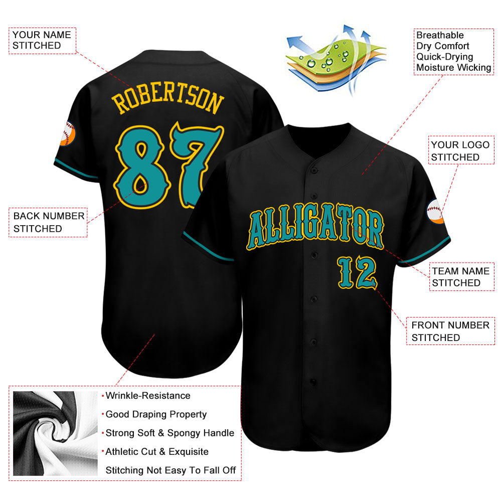 Custom Black Teal-Gold Authentic Baseball Jersey - Sky-Custom