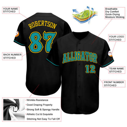 Custom Black Teal-Gold Authentic Baseball Jersey - Sky-Custom