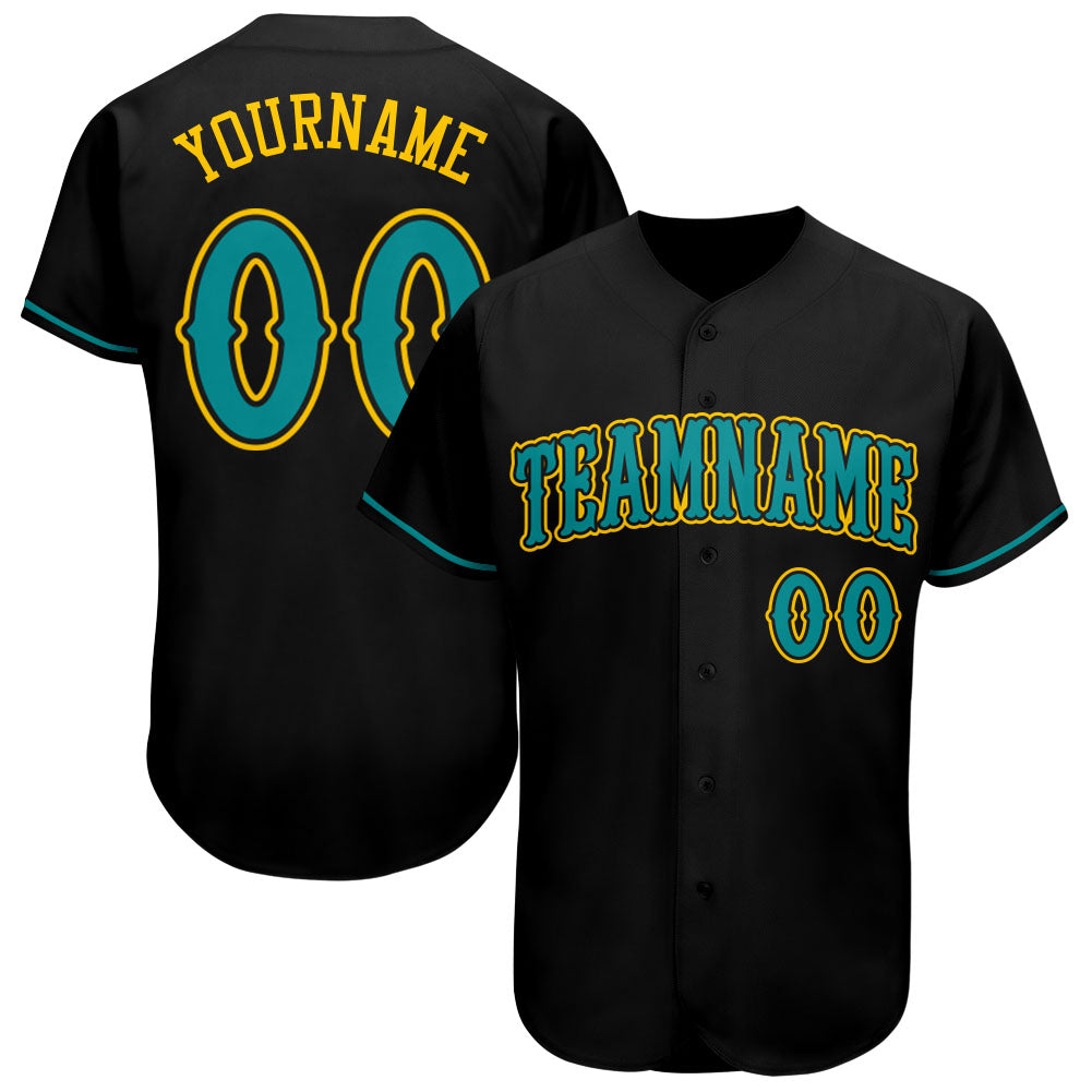 Custom Black Teal-Gold Authentic Baseball Jersey - Sky-Custom