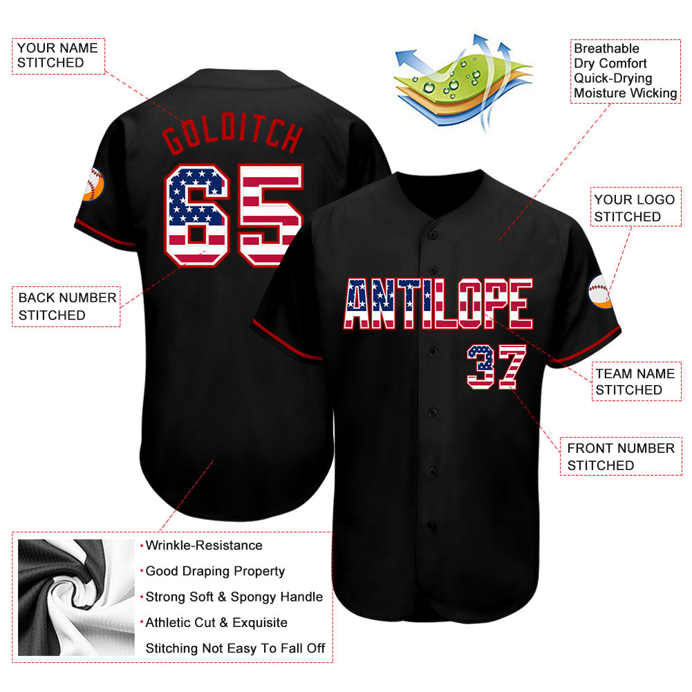 Custom Black USA Flag-Red Authentic Baseball Jersey - Sky-Custom