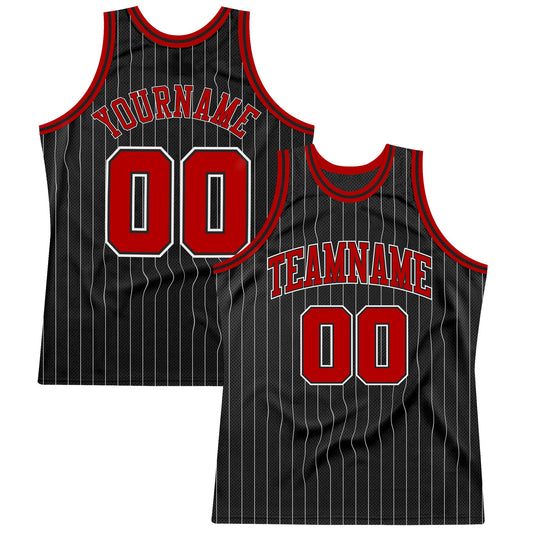 Custom Black White Pinstripe Red-White Authentic Basketball Jersey - Sky-Custom