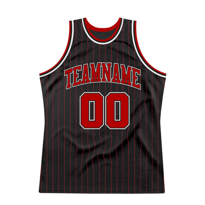 Custom Black Red Pinstripe Red-White Authentic Basketball Jersey - Sky-Custom