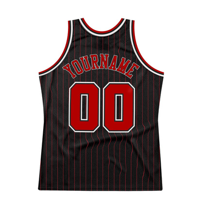 Custom Black Red Pinstripe Red-White Authentic Basketball Jersey - Sky-Custom