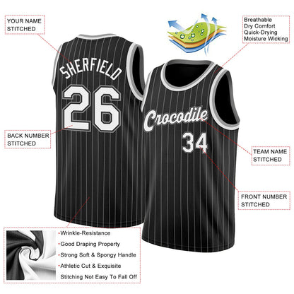 Custom Black White Pinstripe White-Gray Authentic Basketball Jersey - Sky-Custom