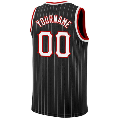 Custom Black White Pinstripe White-Red Authentic Basketball Jersey - Sky-Custom