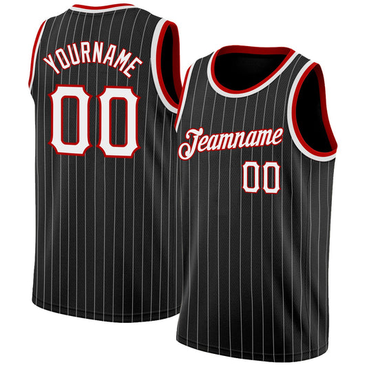 Custom Black White Pinstripe White-Red Authentic Basketball Jersey - Sky-Custom